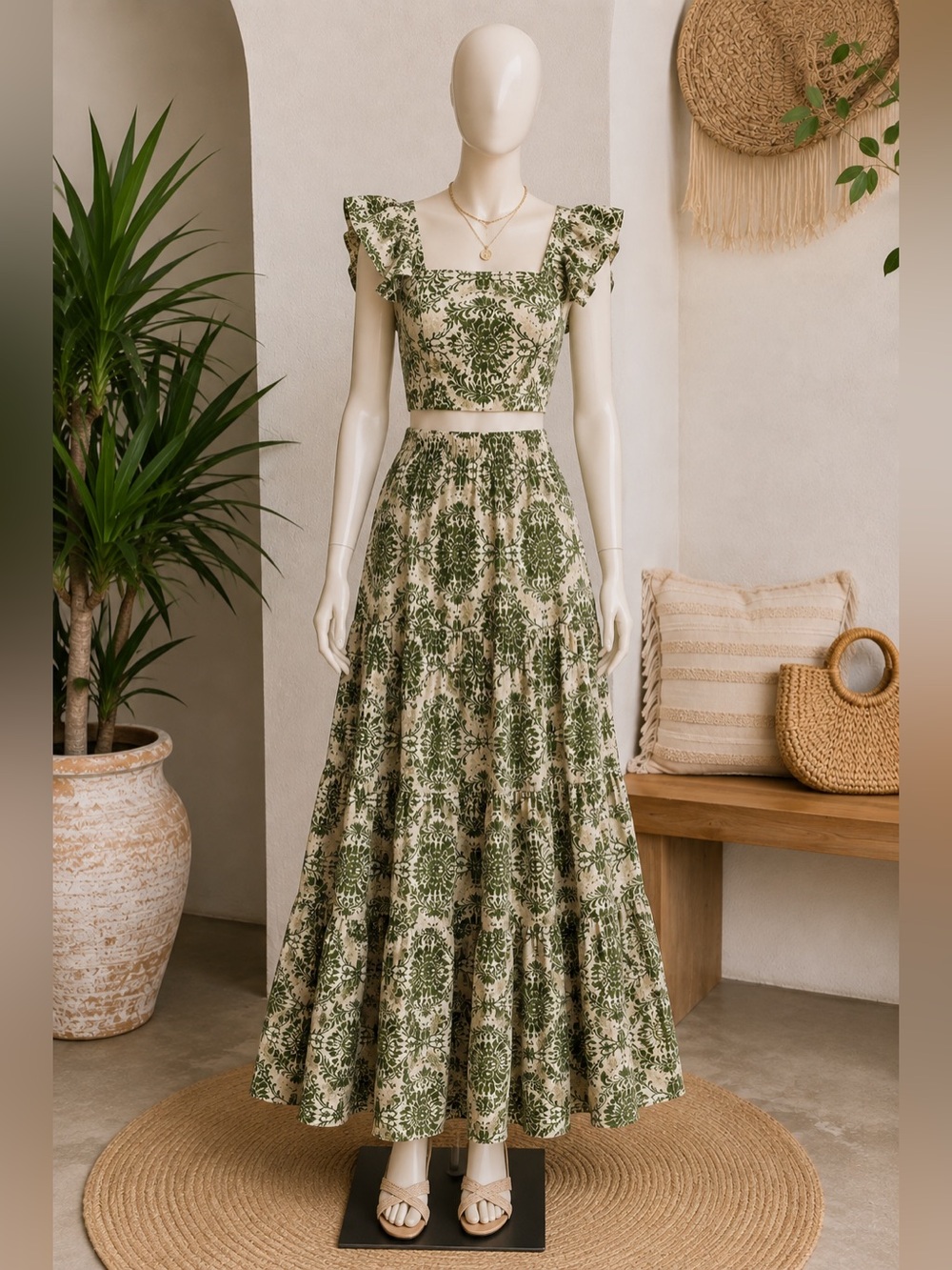 Boho Chic Two-Piece Maxi Skirt Set in Green